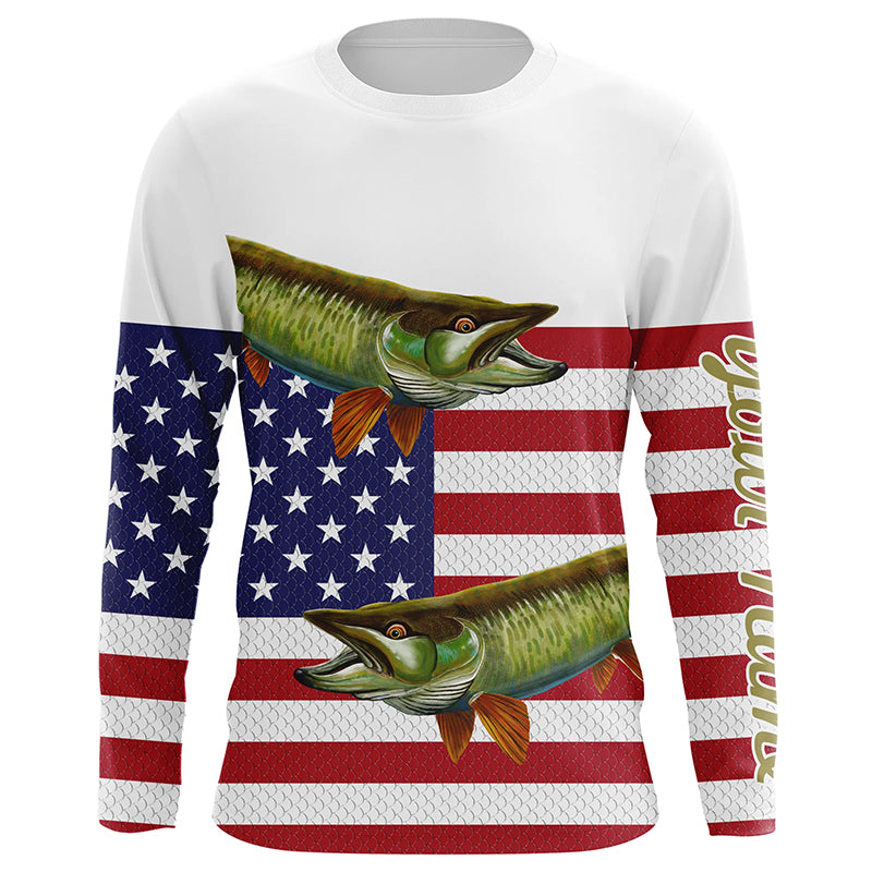 Musky Fishing American Flag Patriot Customize name UV protection long sleeve patriotic fishing shirts NQS477