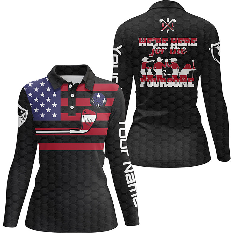 Black American flag Womens golf polo shirts custom name we're here for the foursome patriot golf gifts NQS5769