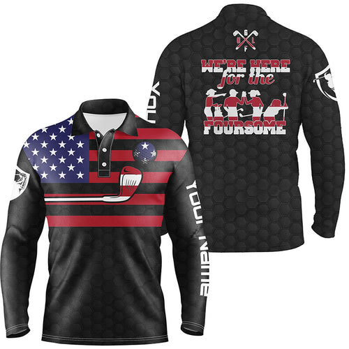 Black American flag mens golf polo shirts custom name we're here for the foursome patriot golf gifts NQS5769