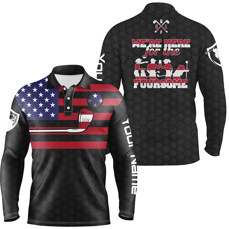 Black American flag mens golf polo shirts custom name we're here for the foursome patriot golf gifts NQS5769