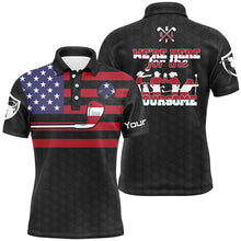 Load image into Gallery viewer, Black American flag mens golf polo shirts custom name we&#39;re here for the foursome patriot golf gifts NQS5769