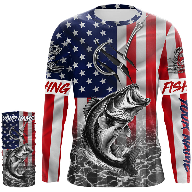 American Flag Bass Fish hook Custom long sleeve performance Fishing Sh –  ChipteeAmz
