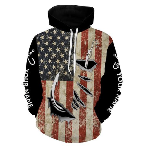 US Fishing 3D Fish Hook American Flag patriotic fish on Customize name 3D All Over Printed fishing hoodie NPQ71