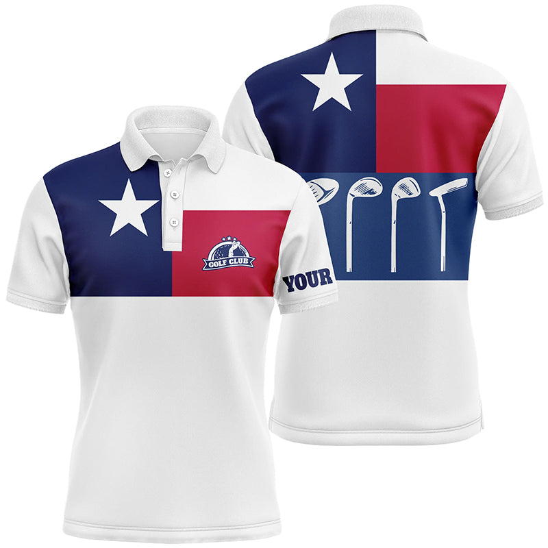 Mens golf polo shirt golf club Texas flag patriot golf custom name white golf shirt, golfing gift NQS6189