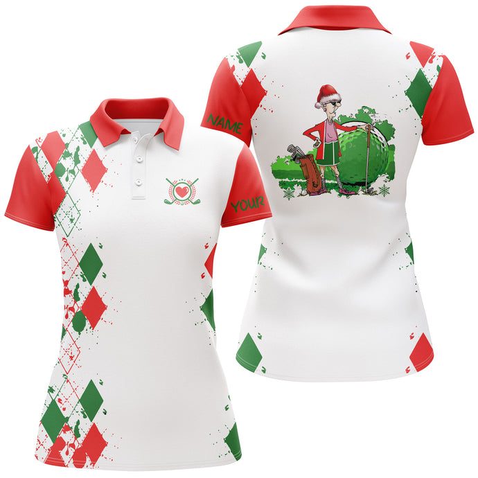 Funny Christmas argyle pattern white Womens golf polo shirt custom Christmas golf gifts for grandma, NQS4149