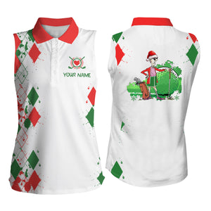 Funny Christmas argyle pattern white Womens sleeveless polo shirts custom golf gifts for grandma NQS4149