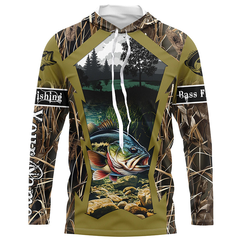 Largemouth Bass Fishing Camo Customize Name UV protection Long sleeve Fishing Shirts Personalized Gift NQS502