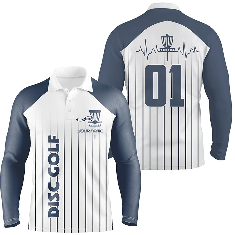 Blue white Mens disc golf polo shirt custom name, number disc golf heartbeat jersey, disco golf outfit NQS6206