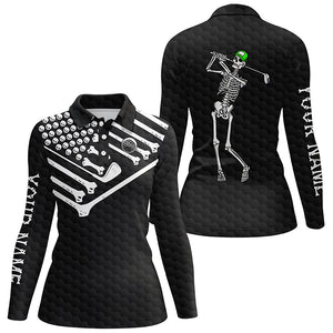 Womens golf polo shirt Skeleton American flag custom black white Halloween shirt NQS3969
