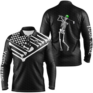 Mens golf polo shirt Skeleton American flag custom black white Halloween shirt NQS3969