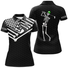 Load image into Gallery viewer, Womens golf polo shirt Skeleton American flag custom black white Halloween shirt NQS3969