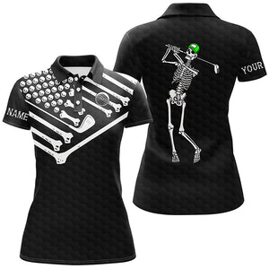Womens golf polo shirt Skeleton American flag custom black white Halloween shirt NQS3969