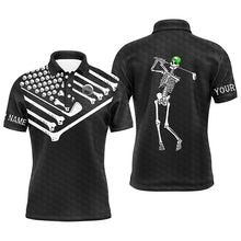 Load image into Gallery viewer, Mens golf polo shirt Skeleton American flag custom black white Halloween shirt NQS3969