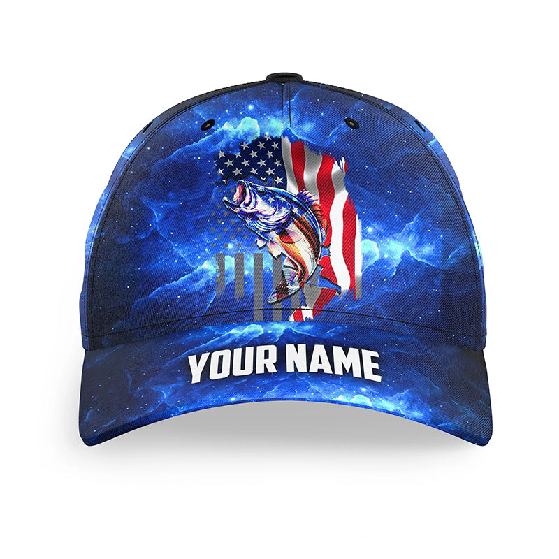 Bass Fishing American Flag patriotic blue galaxy Custom fishing hat  Unisex Fishing Baseball Angler hat NQS1715