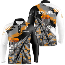 Load image into Gallery viewer, Mens disc golf polo shirt custom orange camo disc golf basket disc golf outfit, team disc golf apparel NQS7347