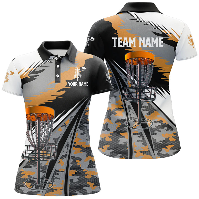 Women disc golf polo shirts custom orange camo disc golf basket team disc golf outfits NQS7347