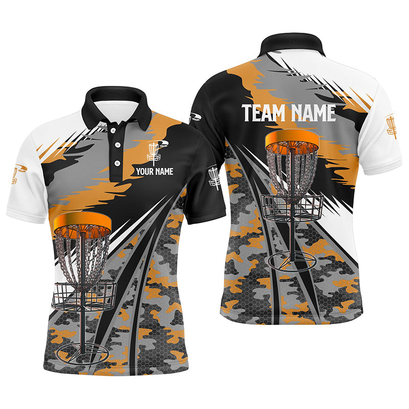 Mens disc golf polo shirt custom orange camo disc golf basket disc golf outfit, team disc golf apparel NQS7347