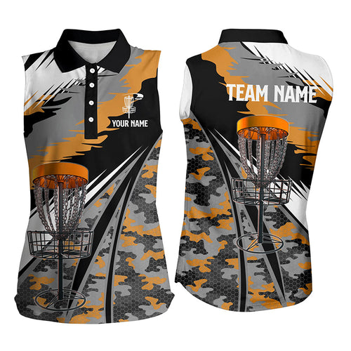 Women disc golf sleeveless polo shirts custom orange camo disc golf basket team disc golf outfit NQS7347