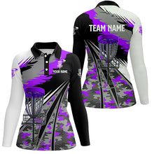 Load image into Gallery viewer, Women disc golf polo shirts custom purple camo disc golf basket team disc golf outfits NQS7348