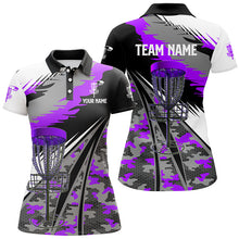 Load image into Gallery viewer, Women disc golf polo shirts custom purple camo disc golf basket team disc golf outfits NQS7348