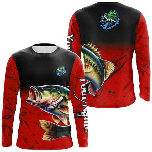 Largemouth Bass Fishing Custom red black long sleeve performance Fishing Shirt, Bass fishing jerseys NQS5071