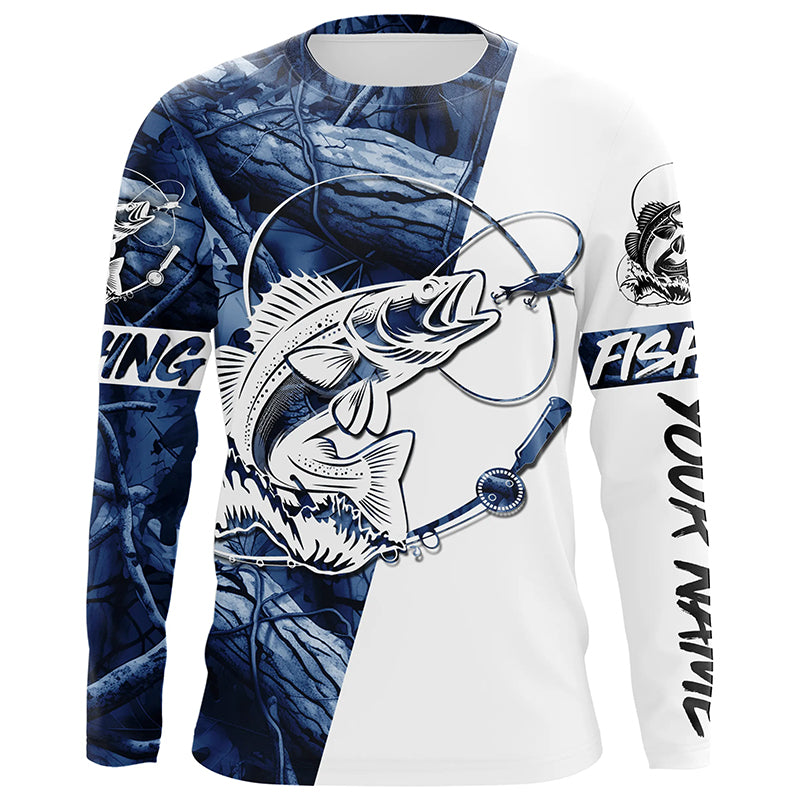 Walleye fishing tattoo blue camo Custom name long sleeves fishing shirts, walleye fishing jerseys NQS4229