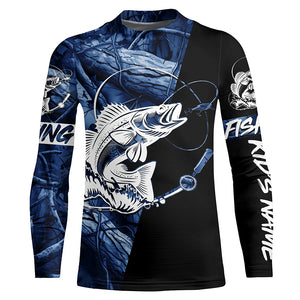 Walleye fishing tattoo blue camo Custom long sleeves fishing shirts, walleye jerseys black version NQS4230