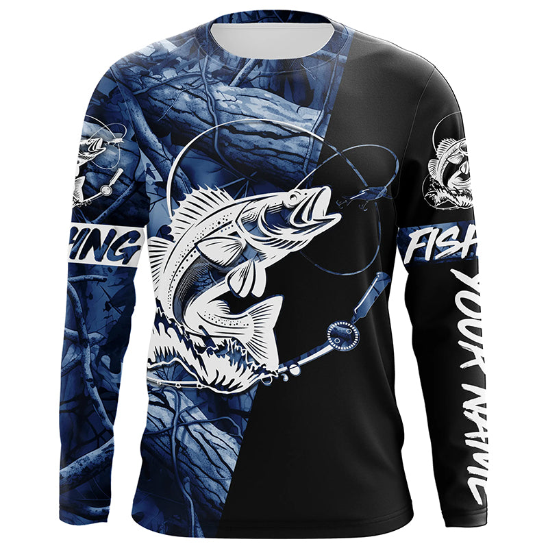 Walleye fishing tattoo blue camo Custom long sleeves fishing shirts, walleye jerseys black version NQS4230