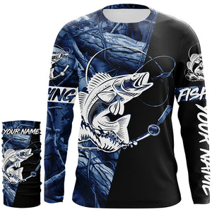 Walleye fishing tattoo blue camo Custom long sleeves fishing shirts, walleye jerseys black version NQS4230