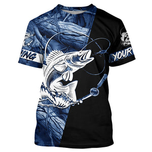 Walleye fishing tattoo blue camo Custom long sleeves fishing shirts, walleye jerseys black version NQS4230