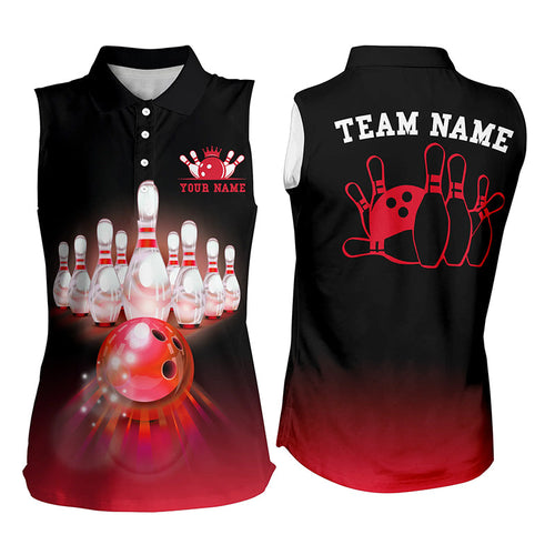 Personalized Red gradient Bowling ball and pins Team Jerseys, Women bowling sleeveless polos shirts NQS7375