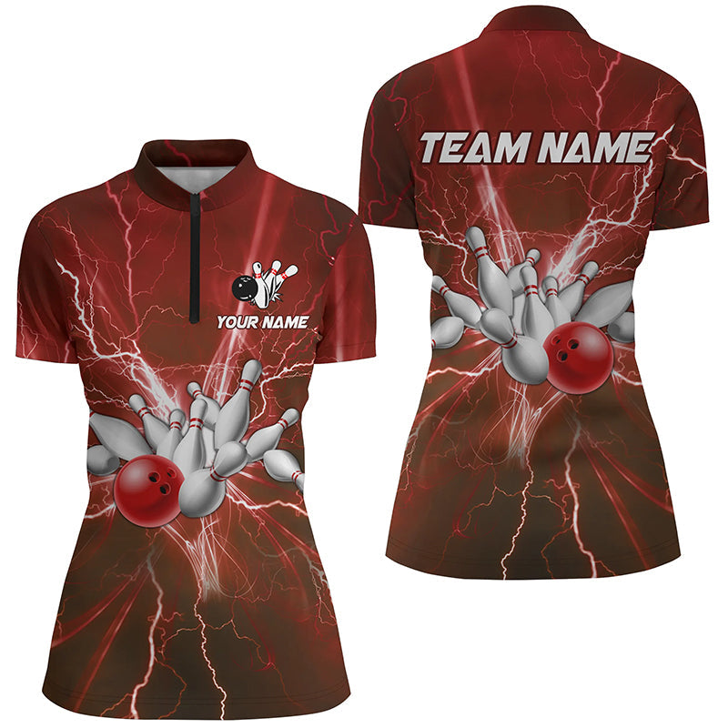 Womens bowling Quarter Zip shirts Custom red lightning thunder Bowling Team Jersey, gift for Bowlers NQS7394