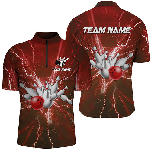 Men's bowling Quarter Zip shirts Custom red lightning thunder Bowling Team Jersey, gift for Bowlers NQS7394