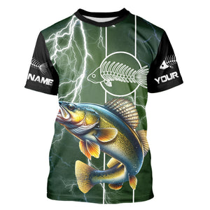 Walleye Fishing Custom Long sleeve Fishing Shirts, Walleye green lightning reaper Fishing jerseys NQS4016