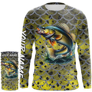 Walleye Fishing yellow scales customize name performance UV protection long sleeves fishing shirts NQS4835