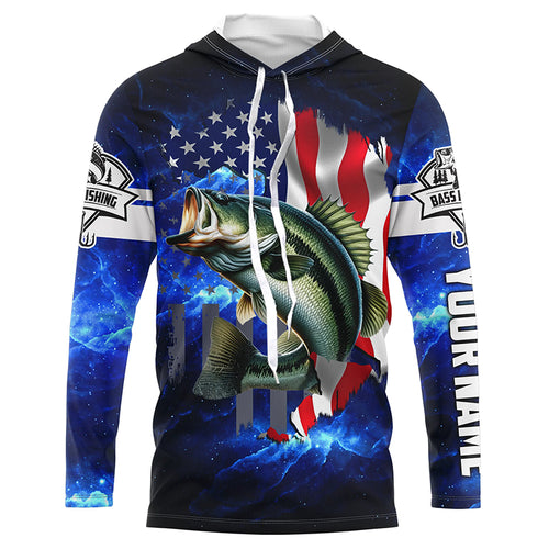 Bass Fishing 3D American Flag patriotic blue galaxy Custom long sleeve Fishing Shirts NQS5397