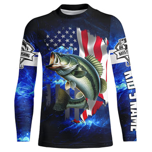 Bass Fishing 3D American Flag patriotic blue galaxy Custom long sleeve Fishing Shirts NQS5397