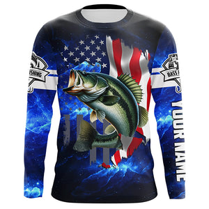 Bass Fishing 3D American Flag patriotic blue galaxy Custom long sleeve Fishing Shirts NQS5397