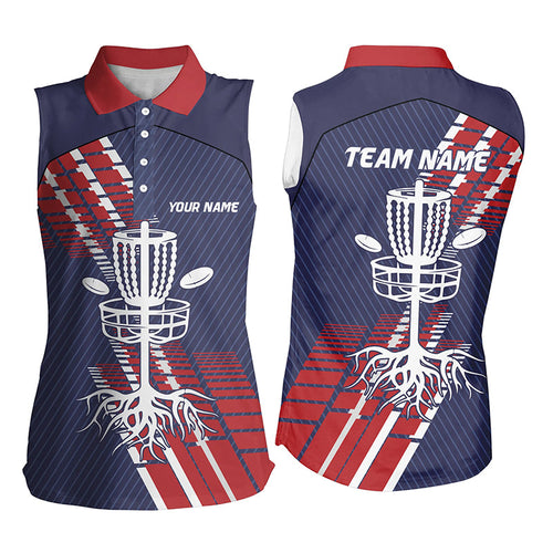 Red, white and blue Women sleeveless disc golf polo shirts custom team disc golf basket jerseys NQS7409