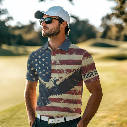Personalized Vintage Eagle American flag Golf Polo Shirts For Men Custom Patriotic Mens Golf shirts NQS9632