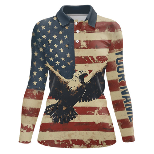 Personalized Vintage Eagle American flag Golf Polo Shirts For Women Custom Patriotic Ladies Golf shirt NQS9632