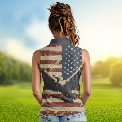 Personalized Vintage Eagle American flag Golf Sleeveless Polo Shirt Custom Patriotic Ladies Golf shirt NQS9632