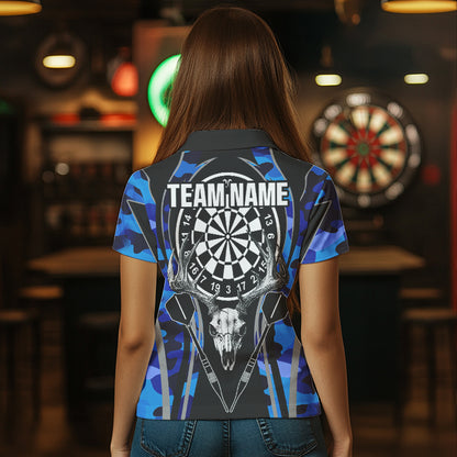 Deer Skull Darts Board Blue Camo Darts Polo, Quarter zip Shirts For Women Custom Team Darts Jersey NQS9635