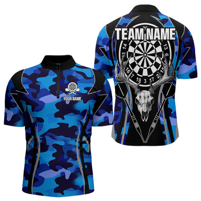 Deer Skull Darts Board Blue Camo Darts Polo, Quarter zip Shirts For Men Custom Team Darts Jersey NQS9635