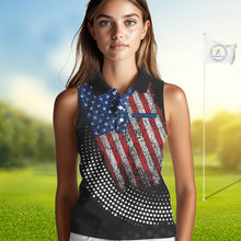 Load image into Gallery viewer, Personalized golf sleeveless polo shirts Vintage American Flag Custom patriotic golf tops for ladies NQS9835