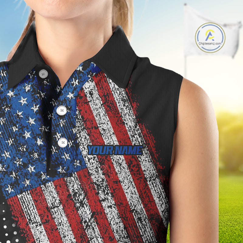 Personalized golf sleeveless polo shirts Vintage American Flag Custom patriotic golf tops for ladies NQS9835