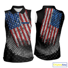 Load image into Gallery viewer, Personalized golf sleeveless polo shirts Vintage American Flag Custom patriotic golf tops for ladies NQS9835
