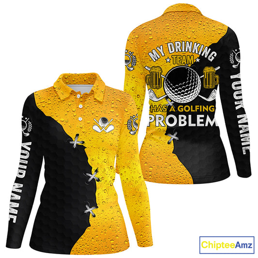 Womens golf polo shirt custom My drinking team has a golfing problem, beer pattern black golf shirts NQS7764