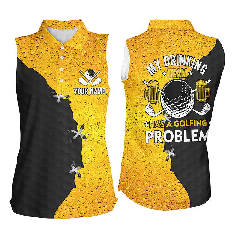 Women sleeveless polos custom My drinking team has a golfing problem, beer pattern black golf shirt NQS7764