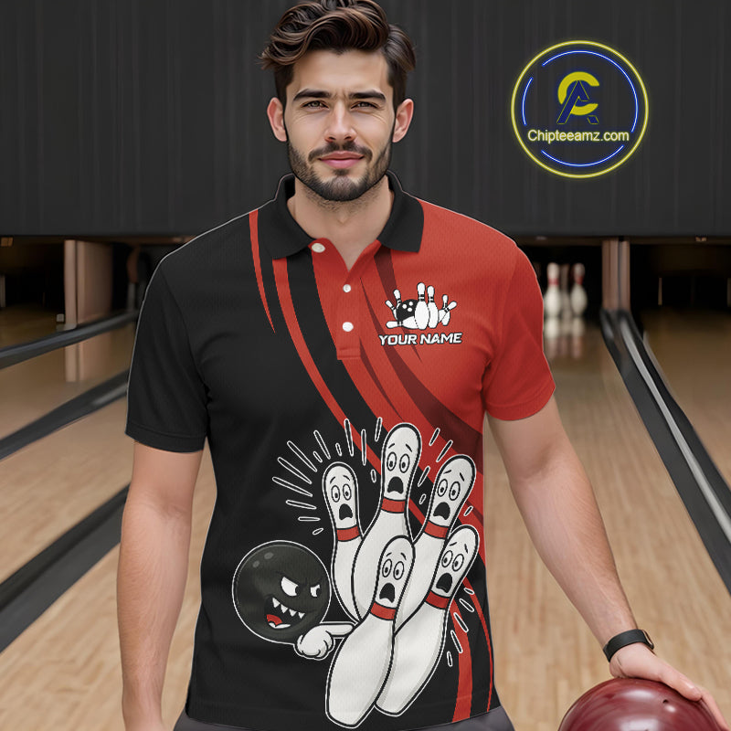 Funny Bowling ball and pins Black and Red Bowling Team Shirts For Men Custom Retro Bowling Jerseys NQS10225